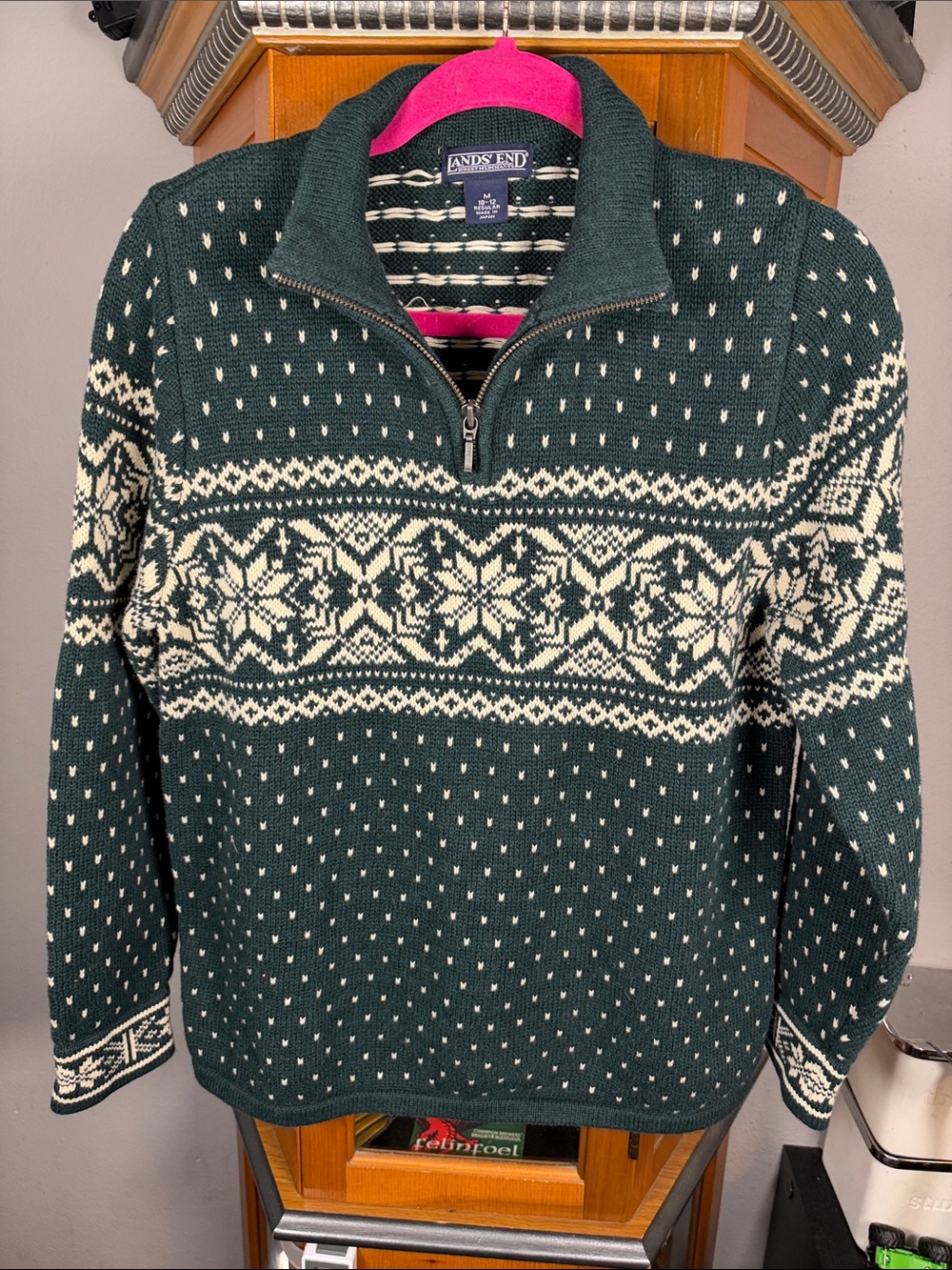 Lands' End Dark Green and Cream Nordic Half-Zip Sweater